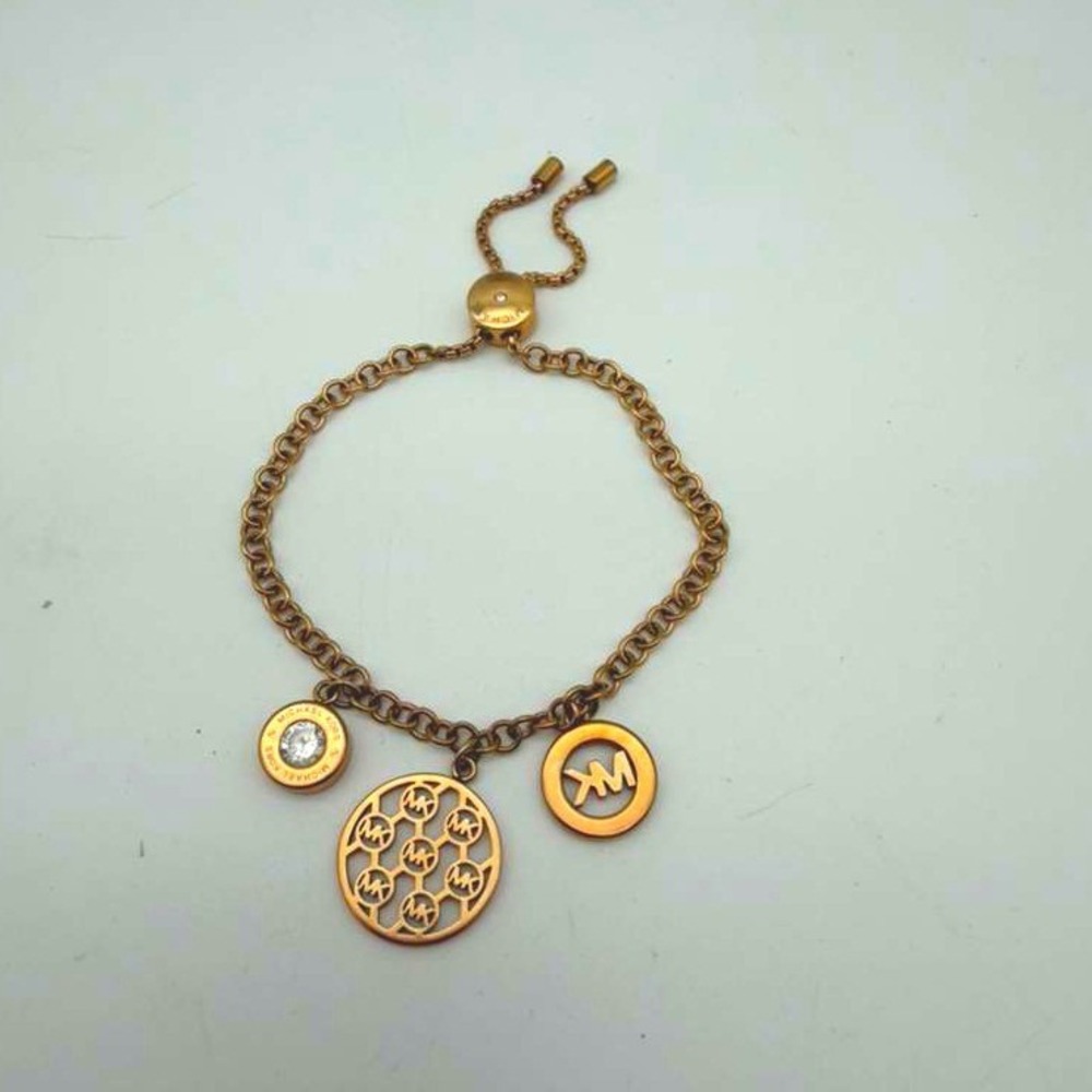 Michael Kors‎ Adjustable Gold Tone Charm Bracelet MK Logo Disc